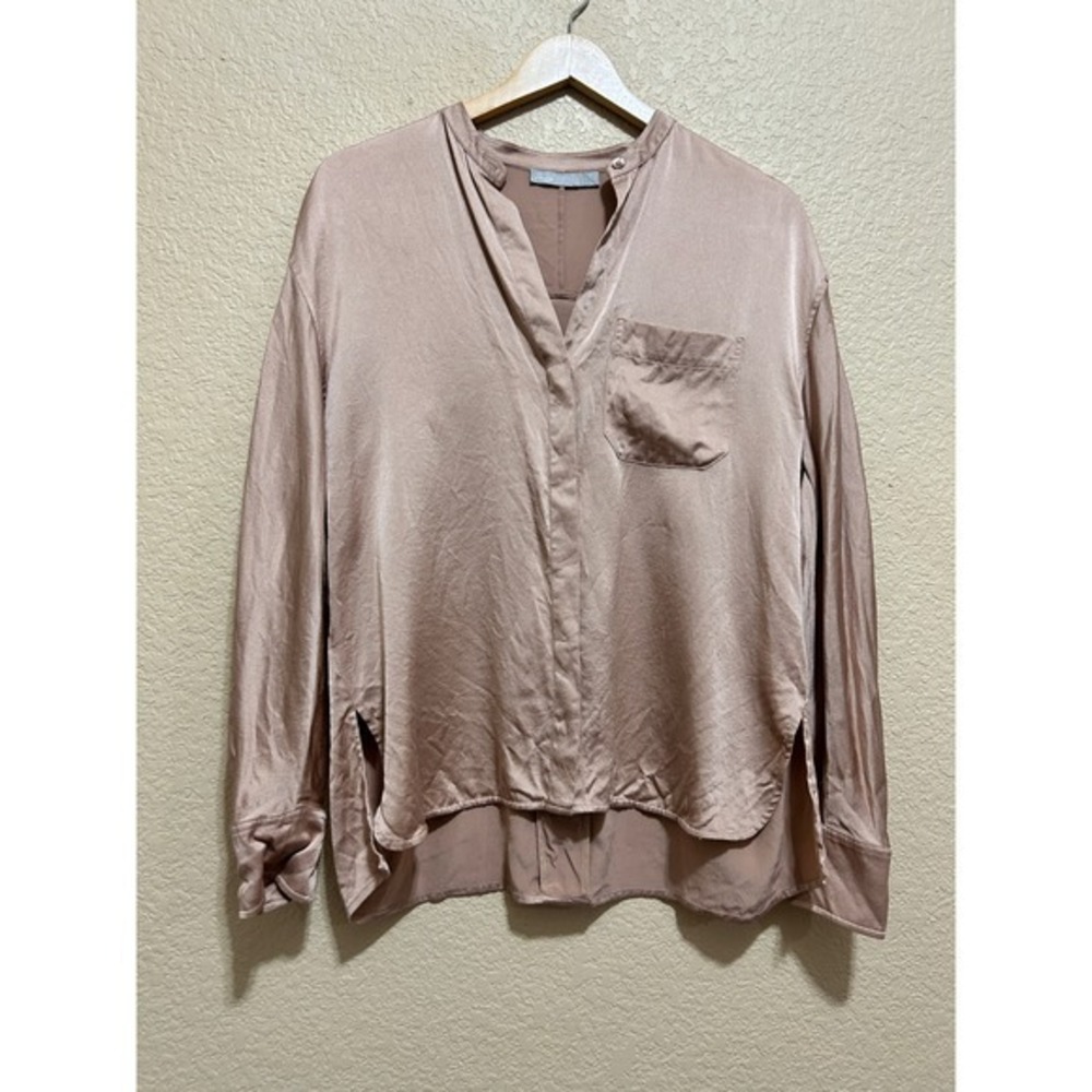 Vince Small Satin Band Collar Button Down Blouse Dusty Rose High Low Hem